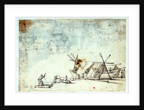 Study of men working on Mediterranean craft with studies of a warship by Abraham Casembrot