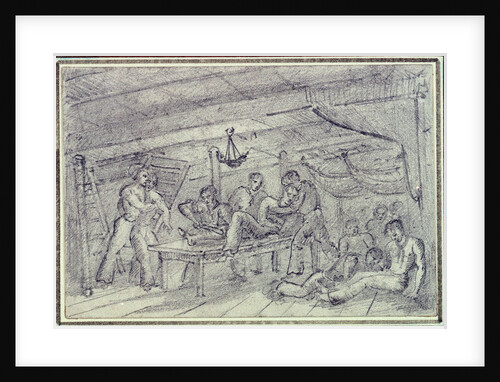 Scene below decks showing man having leg amputated by unknown
