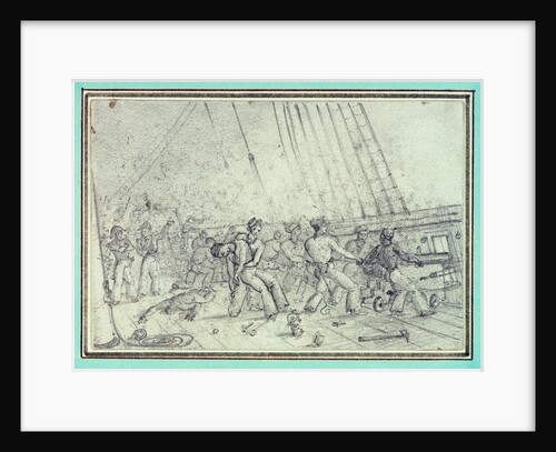 Shipboard scene of men firing canons by unknown