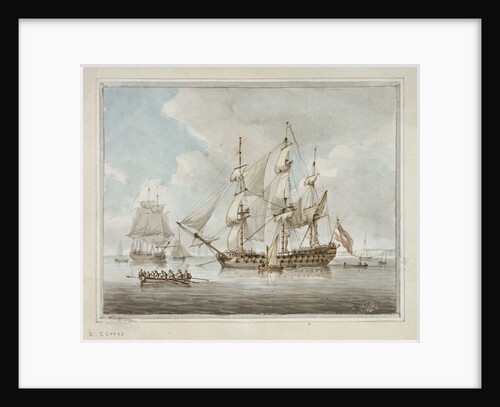 A two-decker at anchor drying sails by Dominic Serres