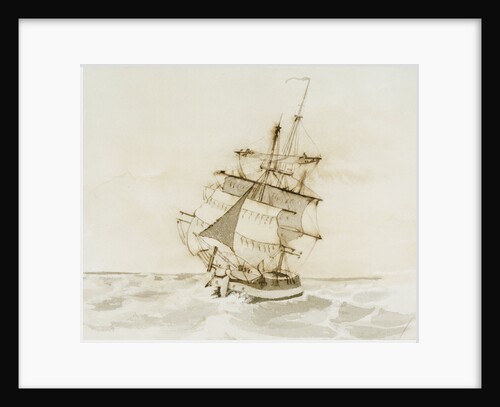Merchant ship shortening sail in a fresh breeze by British School
