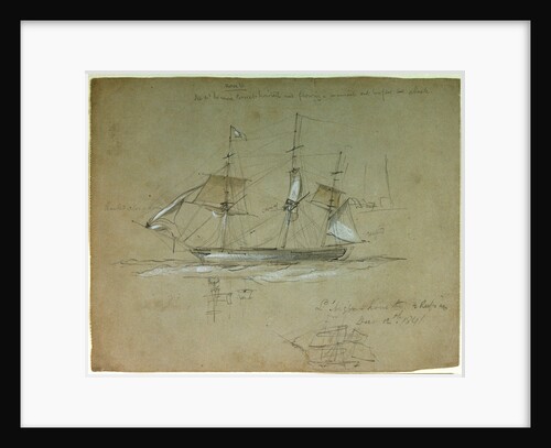 'L' Aigle' hove to and reefs in, 12 December 1841 by Oswald Walter Brierly