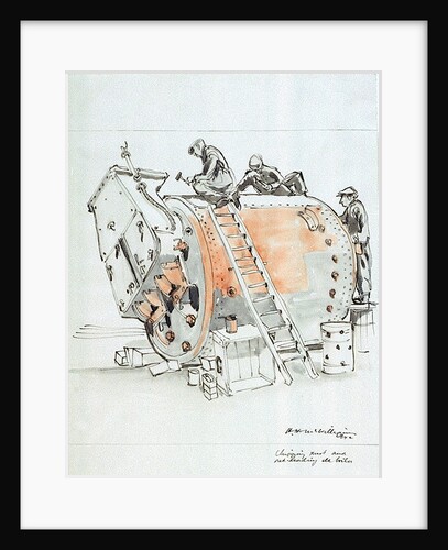 Chipping rust and red-leading old boiler by Herbert Hastings McWilliams