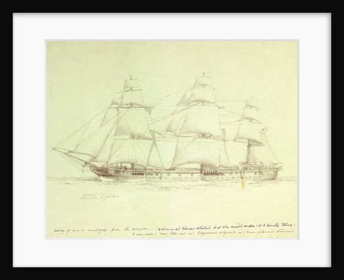 Study of HMS 'Amethyst' with notes about sail plan by William Lionel Wyllie