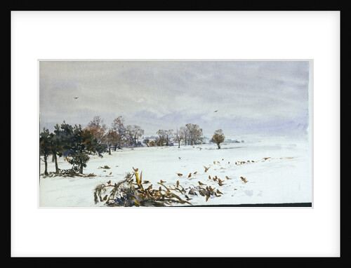A landscape under snow with a flock of feeding birds in the foreground by William Lionel Wyllie