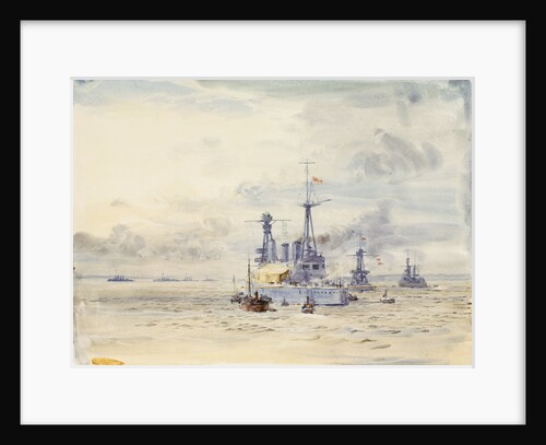 A battleship at anchor with booms extended by William Lionel Wyllie