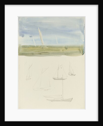 Three yachts at sea in the hazy distance with graphite sketches of yachts below by William Lionel Wyllie