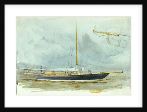 Portrait of a yacht at sea with crew on deck and detail of vessel enlarged in right-hand corner by William Lionel Wyllie