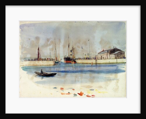 Quay with warehouse, steam vessel and figures, and rowing boat in foreground by William Lionel Wyllie