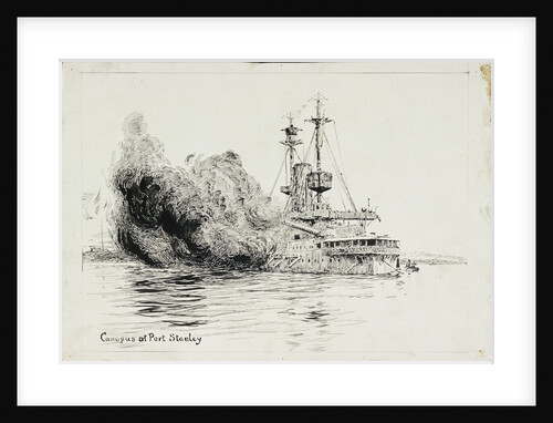 HMS 'Canopus' at Port Stanley, firing the opening salvoes of the Battle of the Falkland Islands, 8 December 1914 by William Lionel Wyllie