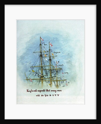 Three masts and rigging showing the flag signal 'England expects that every man will do his duty', annotated by William Lionel Wyllie