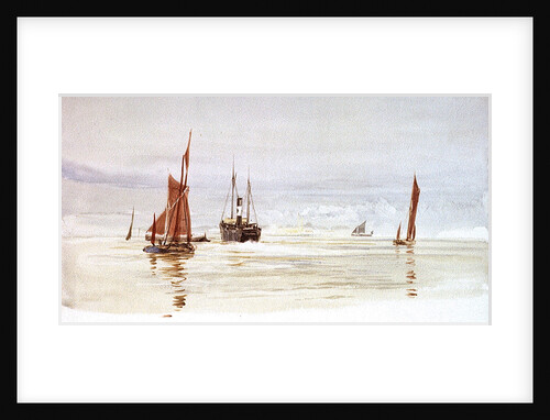Sailing barges and a steamer, with a power station in the distance by William Lionel Wyllie