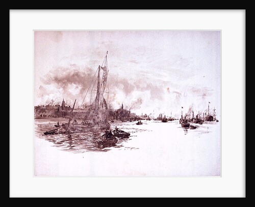 Port scene possibly London, with sailing barge and steam vessels by William Lionel Wyllie