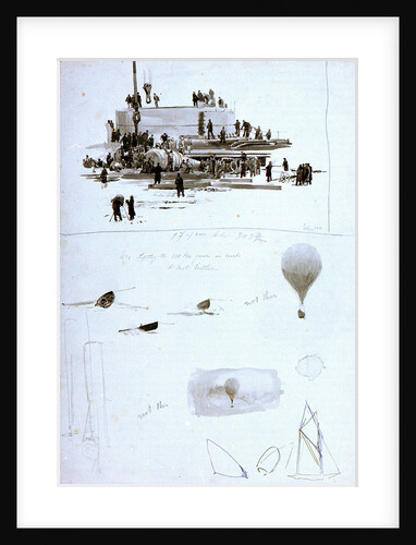 No 1 Lifting the 110 ton gun on board HMS 'Victoria', with inscription relating to scale of work and sketches of other vessels and a hot-air balloon by William Lionel Wyllie