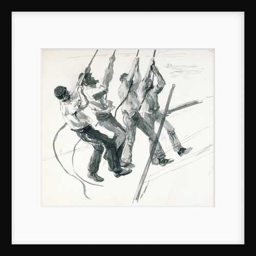 Sketch of four seamen pulling on ropes, loading coal? by William Lionel Wyllie