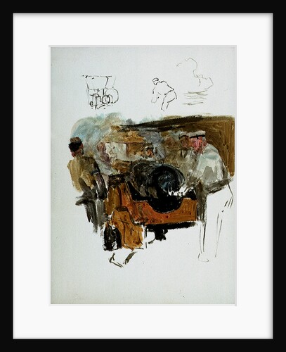 Scene showing a naval gun-crew at their station, and very rough sketches of sailing vessels on reverse by William Lionel Wyllie