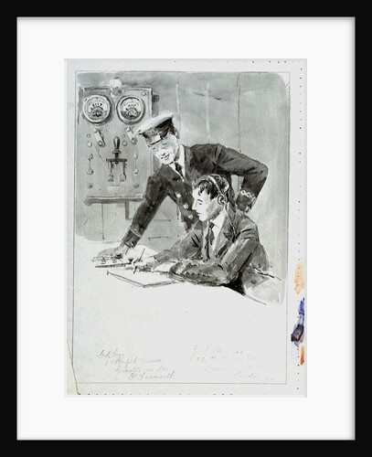 Radio operator and officer in radio room annotated with names and addresses of subjects, with the same image outlined on reverse by William Lionel Wyllie