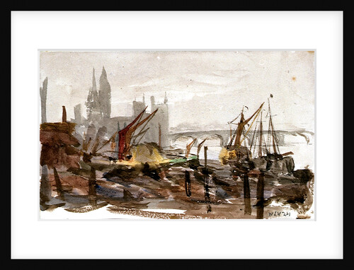 Vessels moored beside a river possibly the Thames, with bridge and large buildings outlined in background by William Lionel Wyllie