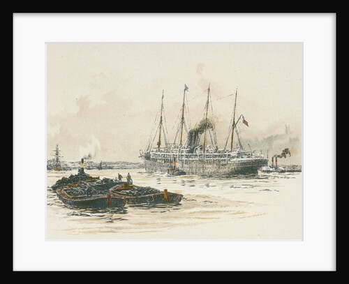 Passenger vessel 'Oruba' or 'Orotava' with barges in the foreground by William Lionel Wyllie
