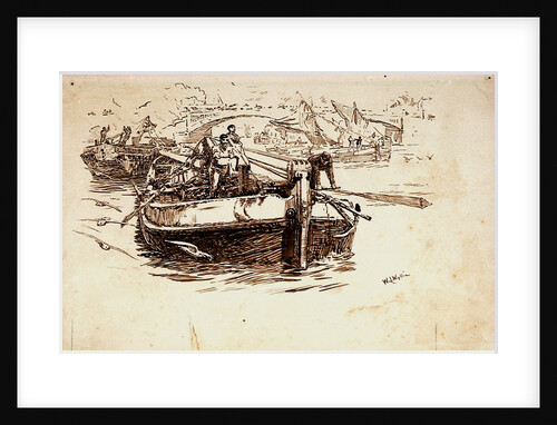 Barges on a river with bridge in the background by William Lionel Wyllie