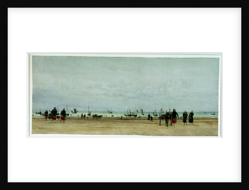 Beach scene with figures, donkey and cart, and small sailing vessels in the sea by William Lionel Wyllie
