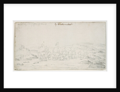 Ships and flutes sailing out from a fjord, probably Flekker, Norway by Willem van de Velde the Elder
