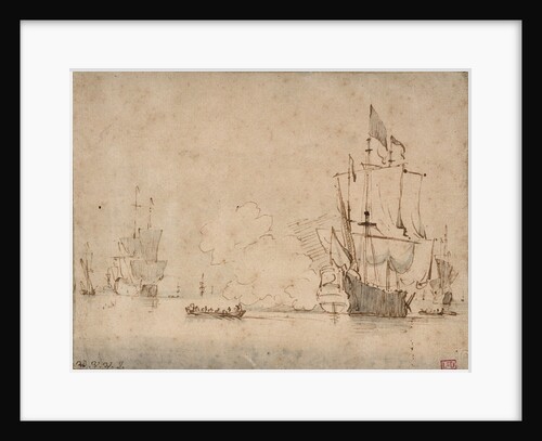 A flagship becalmed firing a salute by Willem Van de Velde the Younger