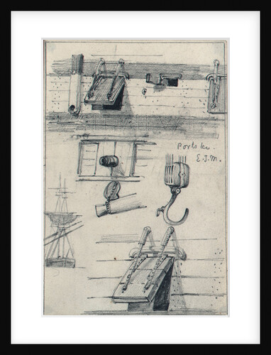 Studies of gun ports and four part block of an East Indiaman and a brig seen from ahead with lower yards cockbilled by Edward William Cooke