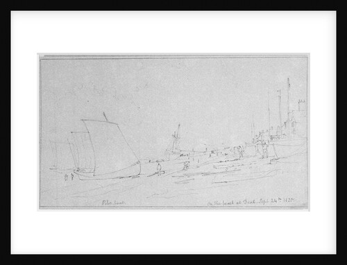 Beach scene at Deal. A pilot boat on shore drying sails by Edward William Cooke
