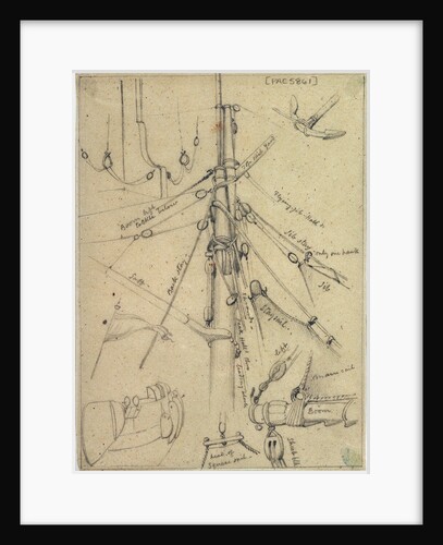 Rigging and other details probably relating to 951; including the main mast head, rudder tackle, anchor and flag by Edward William Cooke