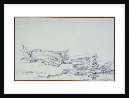 A beached boat (No.30) in Catalan Bay, Gibraltar, with three recumbent figures and one fisherman mending nets by Edward William Cooke