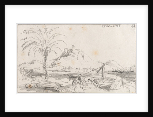 A rough sketch of a harbour with a mule working a well, and a hill and castle behind, possibly Alicante by Edward William Cooke