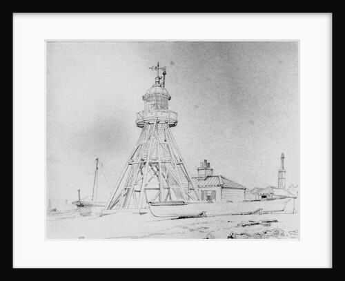 Lowestoft lighthouse, a detailed study, with a beach yawl and other craft, and a pile of ballast pigs in the foreground by Edward William Cooke