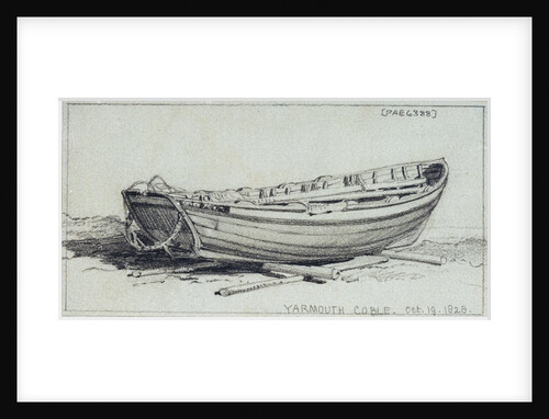 A coble hauled up on rollers on Yarmouth beach. Starbord quarter by Edward William Cooke
