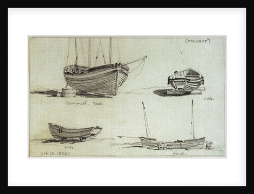 A three masted yawl, a two masted yawl and two views of a coble on Yarmouth beach by Edward William Cooke