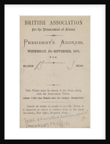 Invitation to the President's Address, British Association for the Advancement of Science, 6 September 1876 by Edward William Cooke