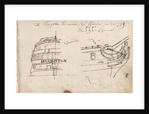 Annotated sketches of the stern, bow and figurehead of the Indiaman Houghton with inscription (on reverse) by Thomas Luny