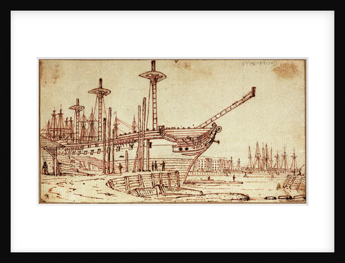 Dockyard scene showing various large docked sailing vessels by Henry Moses