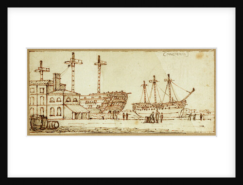 Dockyard scene with barrels and figures in foreground and two large sailing vessels in dock by Henry Moses