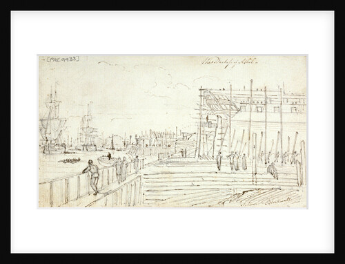 The 'Duchess of Atholl' being built at Blackwall with figures looking around the yard and shipping on the Thames by Henry Moses