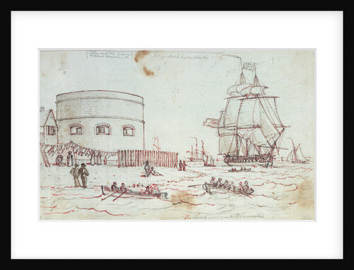 Sketch of a naval vessel the Tweed entering Portsmouth, with figures in rowing boats and on the shore in the foreground, and women hanging out washing, with inscriptions by Henry Moses