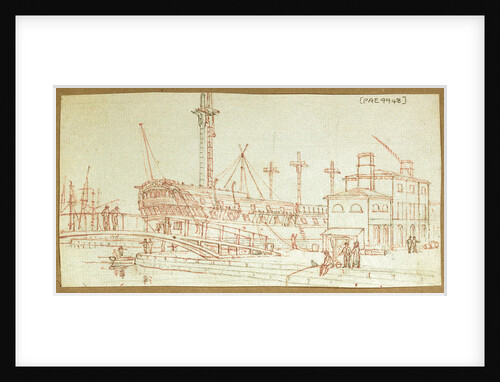 View of a hulk in a dockyard with a bridge stretching across the quayside and figures fishing and standing about by Henry Moses