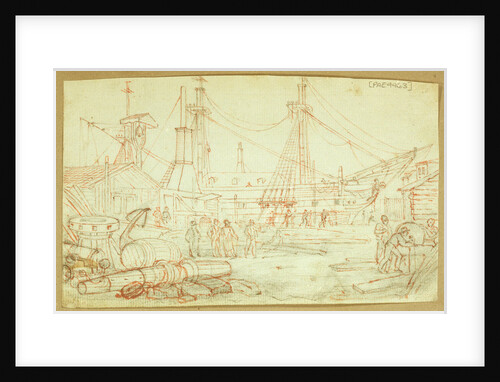 Figures working in a dockyard, a sailing vessel moored, with barrels, an anchor and a capstan in the left foreground by Henry Moses