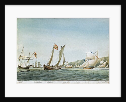 Sketch of various sorts of vessels in the Adriatic, including a zebeck [xebec], trabacolo [trabaccolo], a French courier and a gunboat settee by William Innes Pocock