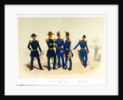 The midshipman, frigate captain, Naval artillery captain and infantry lieutenant, and Lieutenant of the Marine Engineer Corps standing in a portside scene by Franz Gerasch