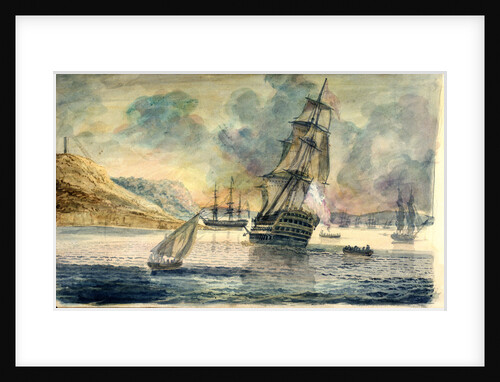 British man of war in a Mediterranean anchorage by D. Tandy