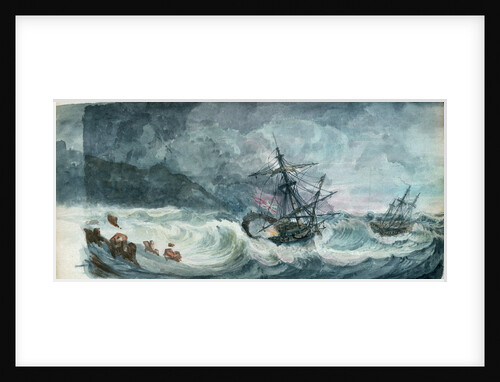 Partly dismasted British man-of-war being driven onto rocks in a storm, with another standing off by D. Tandy