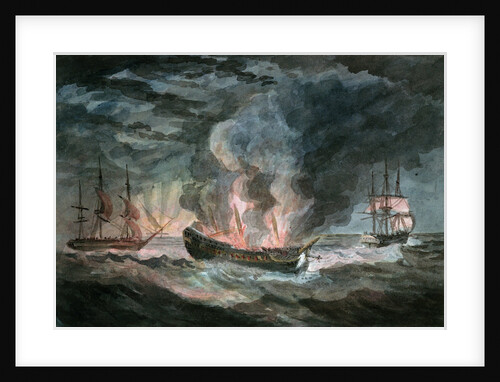 Fighting vessel blowing up at sea, with two others nearby by D. Tandy