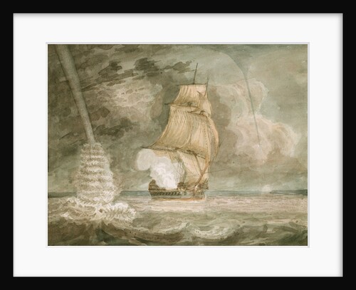 Naval vessel at sea, firing a gun, with waterspouts starboard and port by D. Tandy