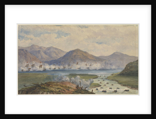 The China War 1857. Junk fleet against mountainous background. Boats pulling in river at right by Thomas Goldsworth Dutton